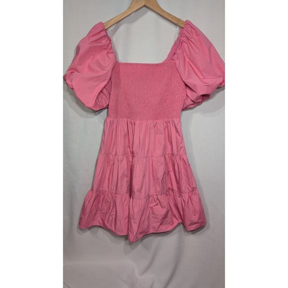 Entro Womens Pink Puff Sleeve Tiered‎ Mini Dress M Pink Smocked Bodice Coquette - Picture 2 of 8